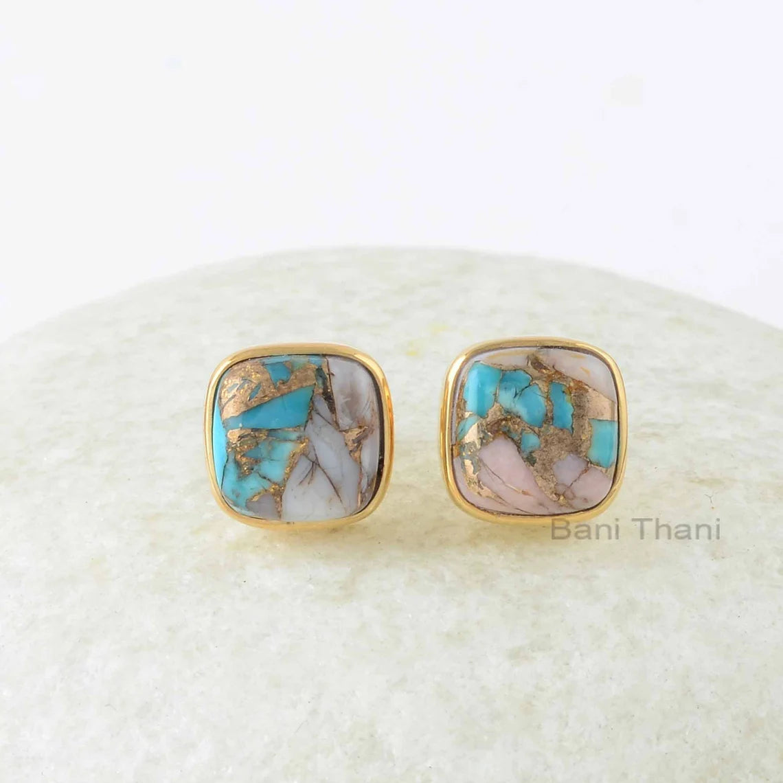 Pink Opal Copper Turquoise Stud Earrings - Gold Plated Studs - Solid Silver - 9mm Cushion - Jewelry For New Beginning - Gift For Bridesmaid