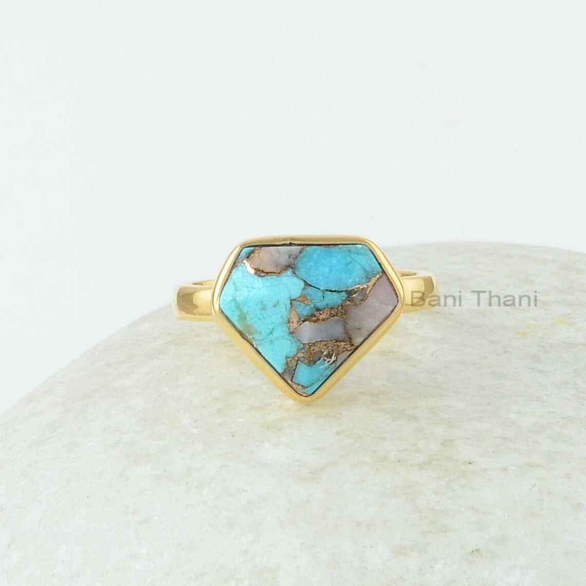 Turquoise Vintage Ring, Pink Opal Copper Turquoise 11x13mm Diamond Shape Gemstone Silver Ring, 18K Gold Plated Ring, Christmas Jewelry Gift
