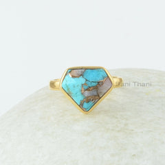 Turquoise Vintage Ring, Pink Opal Copper Turquoise 11x13mm Diamond Shape Gemstone Silver Ring, 18K Gold Plated Ring, Christmas Jewelry Gift