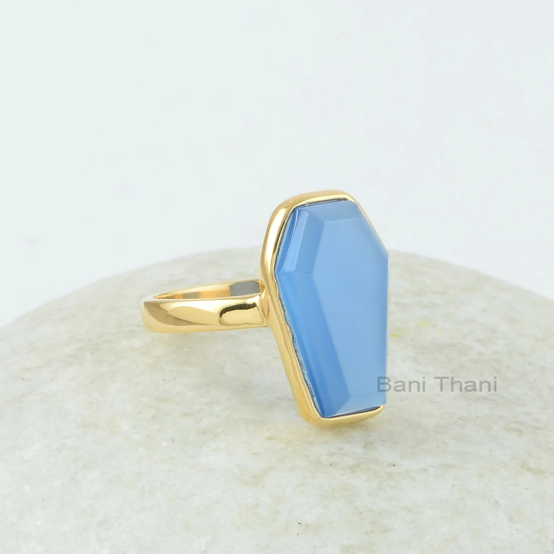 Coffin Gemstone Ring, Blue Chalcedony 10x17mm Coffin Shape Gemstone Ring, 925 Sterling Silver Gold Plated Ring For Women, Christmas Gift