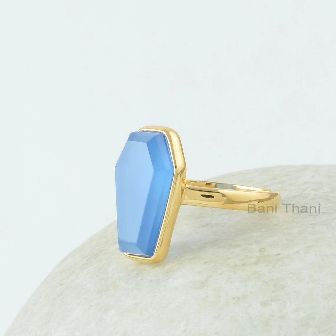 Coffin Gemstone Ring, Blue Chalcedony 10x17mm Coffin Shape Gemstone Ring, 925 Sterling Silver Gold Plated Ring For Women, Christmas Gift