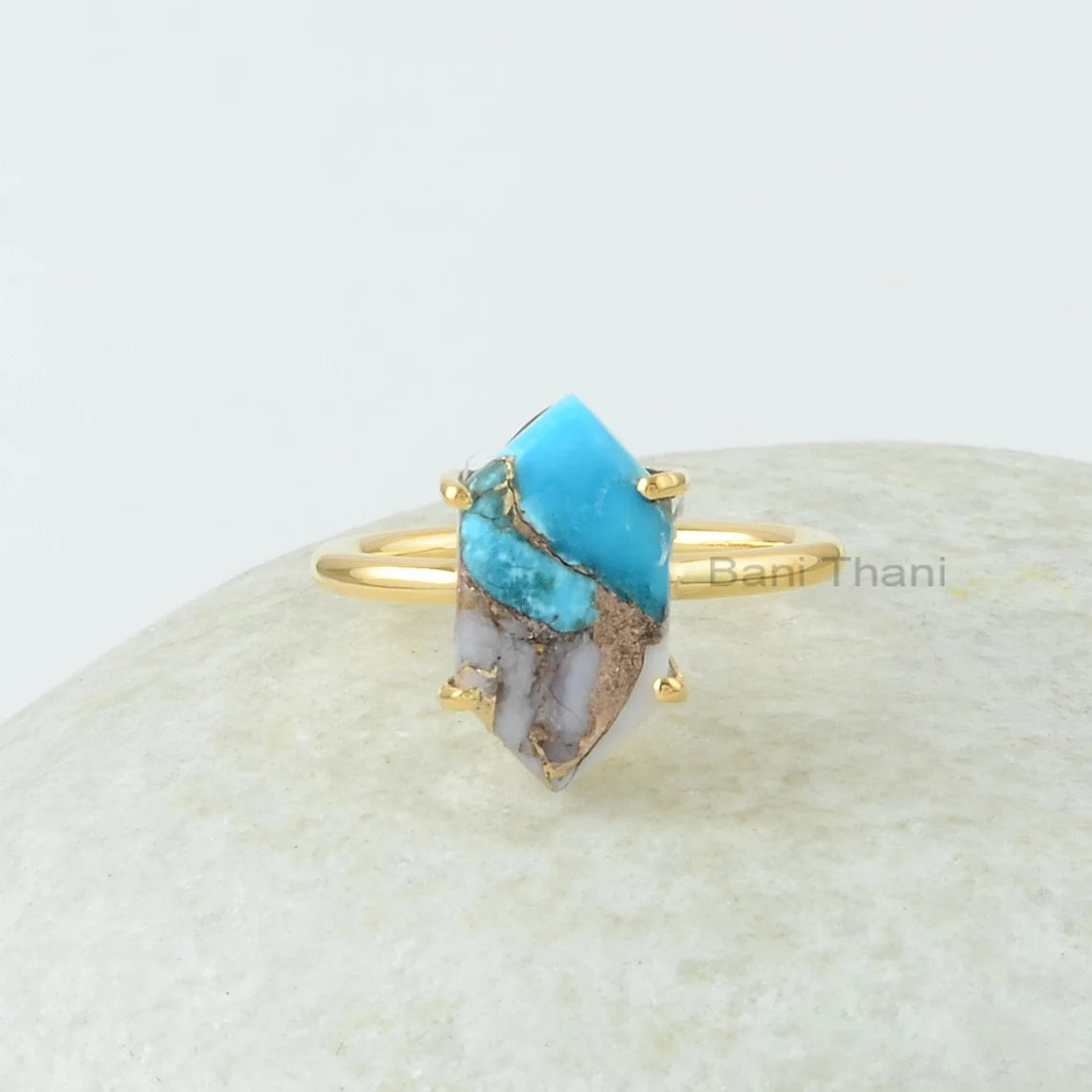 Turquoise Ring - Pink Opal Copper Turquoise - Hexagon Gemstone Ring - Gold Plated Jewelry - Prong Ring - Gift For Women - Jewelry for Girls