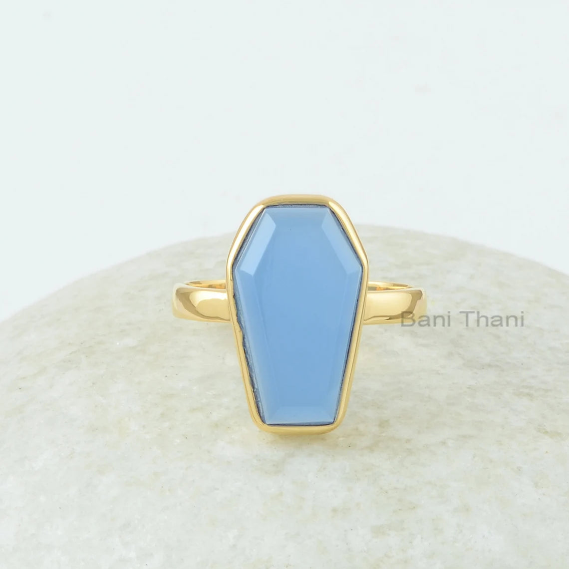 Coffin Gemstone Ring, Blue Chalcedony 10x17mm Coffin Shape Gemstone Ring, 925 Sterling Silver Gold Plated Ring For Women, Christmas Gift