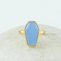 Coffin Gemstone Ring, Blue Chalcedony 10x17mm Coffin Shape Gemstone Ring, 925 Sterling Silver Gold Plated Ring For Women, Christmas Gift