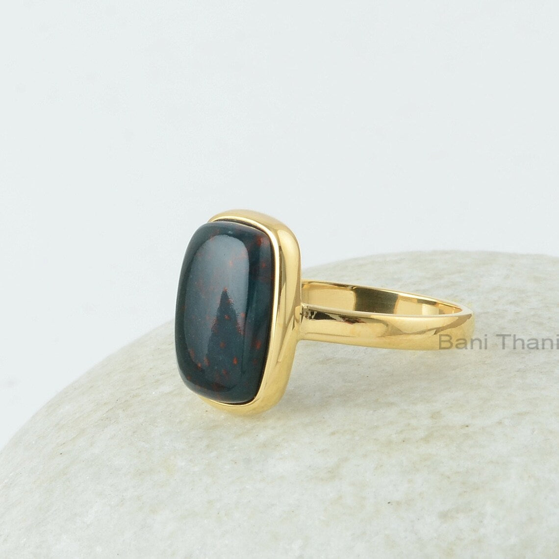 Bloodstone Ring - 925 Sterling Silver - Gold Plated Ring - 10x14mm Rectangle - Fashion Jewelry - Jewelry for Spouse - Gift for The Traveler