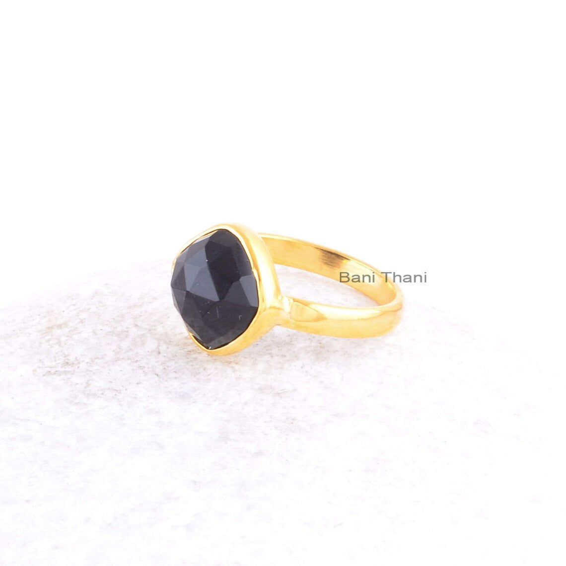 Black Onyx Cushion Gemstone Ring - Gold Plated Bezel Ring - 925 Sterling Silver Office Wear Ring - Wedding Gift Ring for Women - Boho Ring