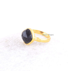 Black Onyx Cushion Gemstone Ring - Gold Plated Bezel Ring - 925 Sterling Silver Office Wear Ring - Wedding Gift Ring for Women - Boho Ring