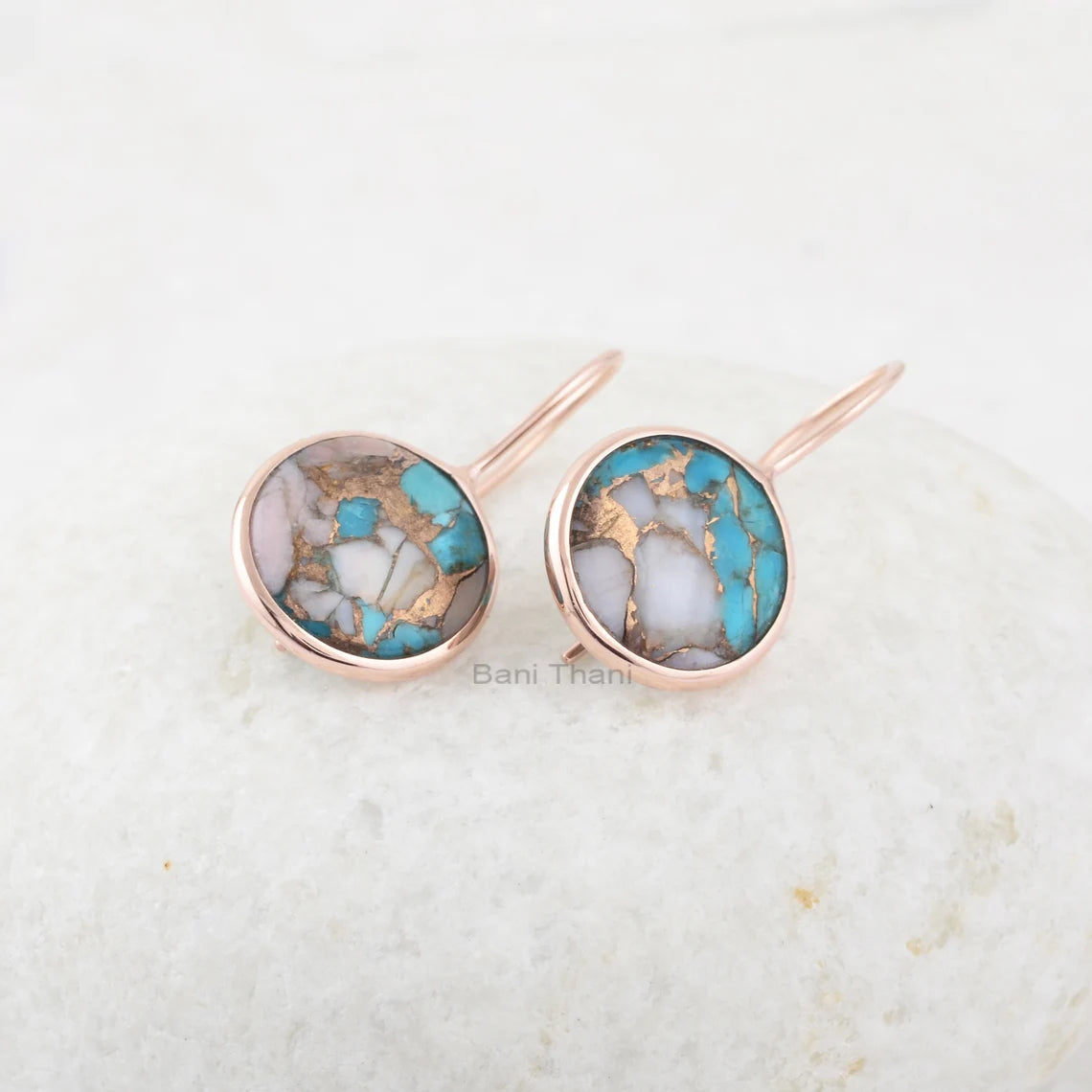 Pink Opal Turquoise Earrings, Pink Opal Copper Turquoise 15 mm Round Gemstone Silver Earrings, Rose Gold Plated Drop Earring Women Gift