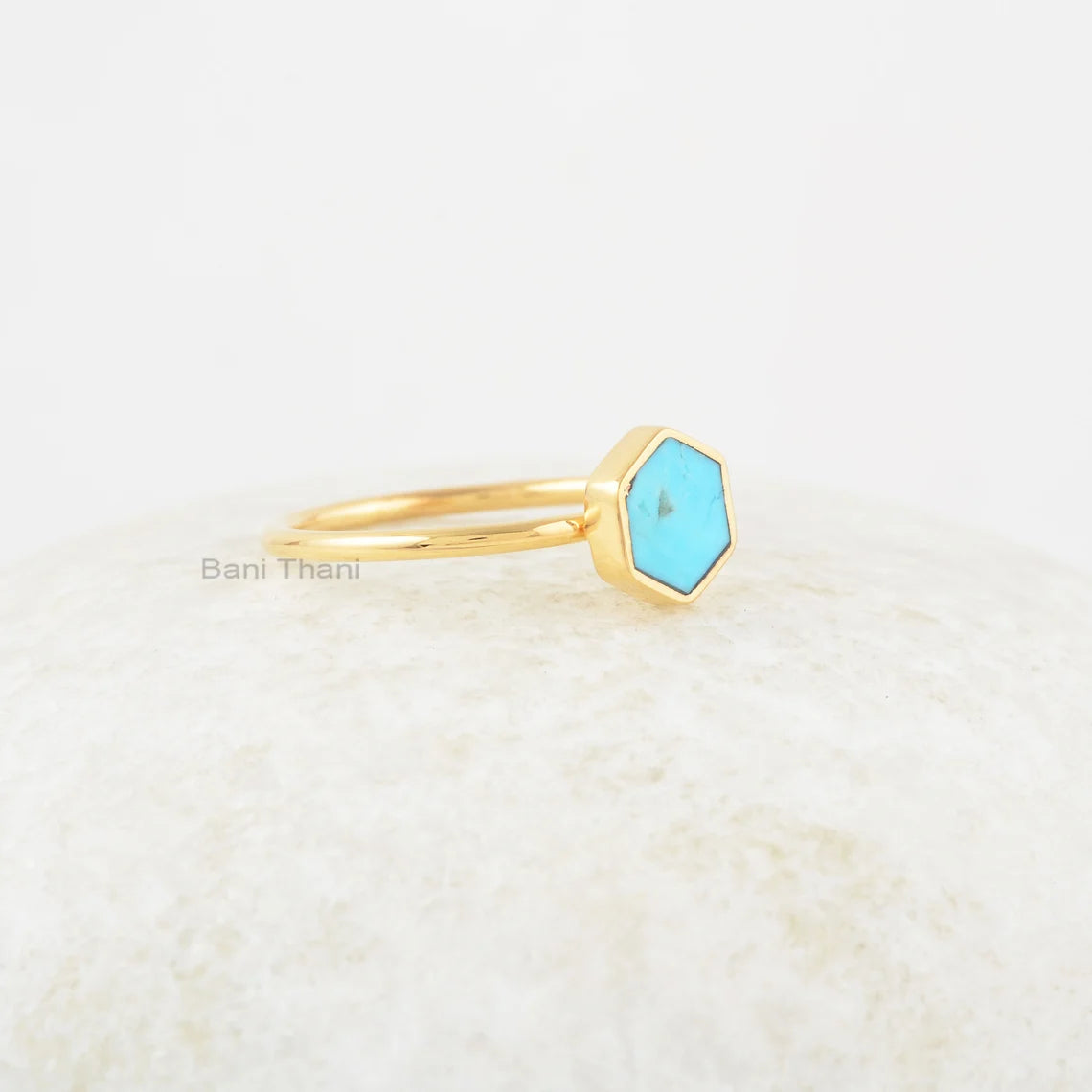 Arizona Turquoise Ring - 6mm Hexagon Gemstone Ring - 925 Solid Silver Ring- Gold Plated Ring - Ring for Women - Handmade Ring - Gift for Her