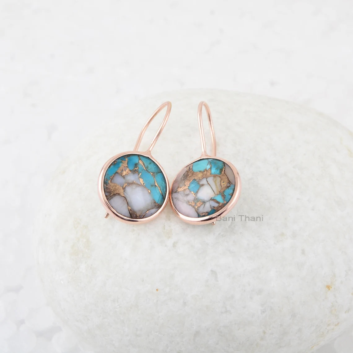 Pink Opal Turquoise Earrings, Pink Opal Copper Turquoise 15 mm Round Gemstone Silver Earrings, Rose Gold Plated Drop Earring Women Gift