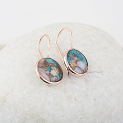 Pink Opal Turquoise Earrings, Pink Opal Copper Turquoise 15 mm Round Gemstone Silver Earrings, Rose Gold Plated Drop Earring Women Gift