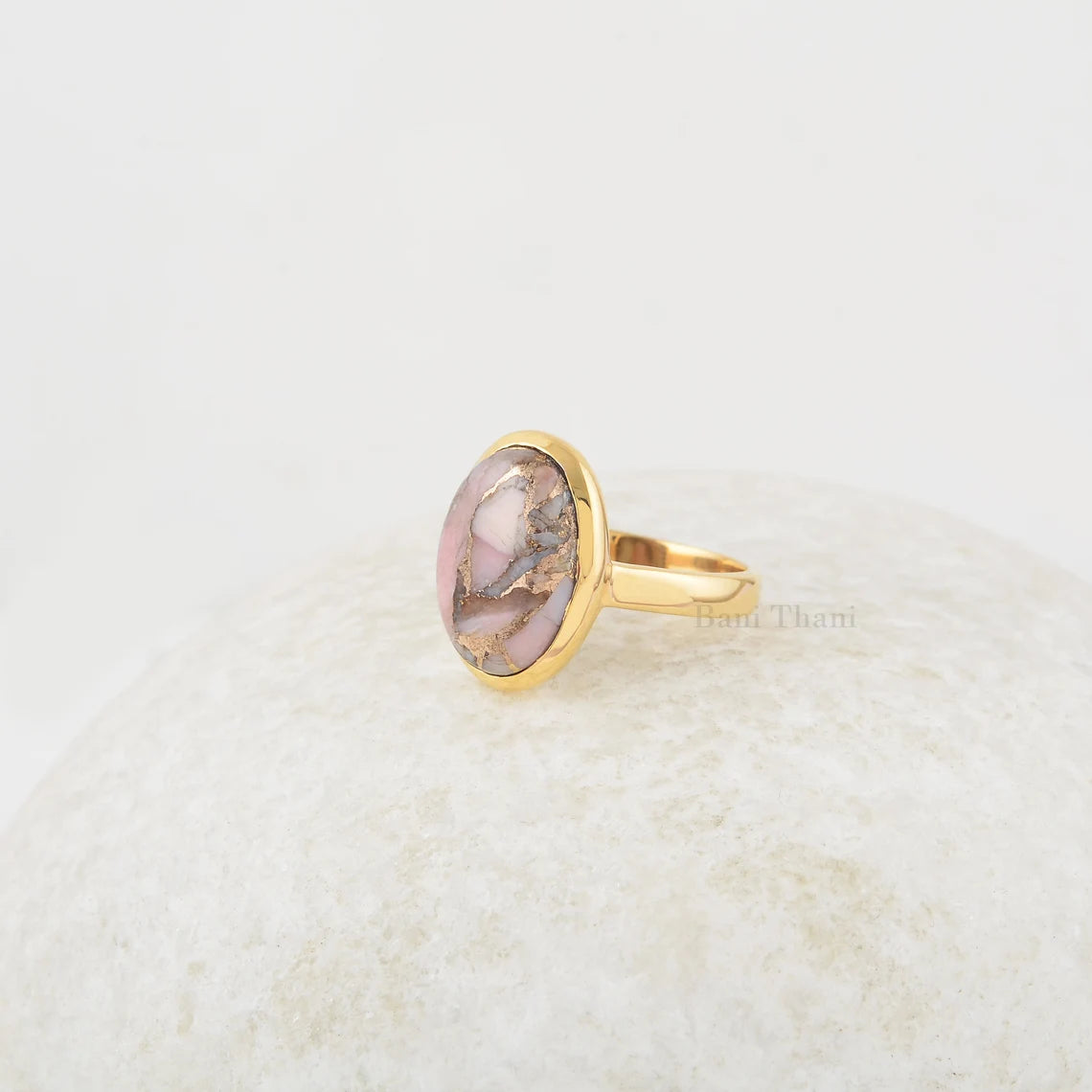 Pink Opal Ring - Pure Silver - Handcrafted Ring - Copper Pink Opal Oval Ring - Dainty Jewelry - Gift For Lover - Jewelry For Grand Daughter