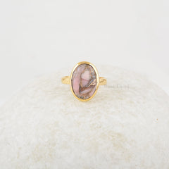 Pink Opal Ring - Pure Silver - Handcrafted Ring - Copper Pink Opal Oval Ring - Dainty Jewelry - Gift For Lover - Jewelry For Grand Daughter