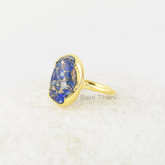 Copper Lapis Lazuli Gemstone Ring - Gold Plated - 10x16mm Oval - Solid Silver - Handcrafted Ring - Fashion Jewelry - Gift for The Traveler