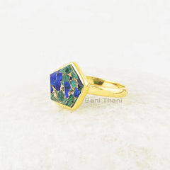 Azurite Copper Ring, Azurite 11x11mm Star Shape Gemstone Silver Ring, Beautiful Azurite Gold Plated Gemstone Ring, Gift For Women