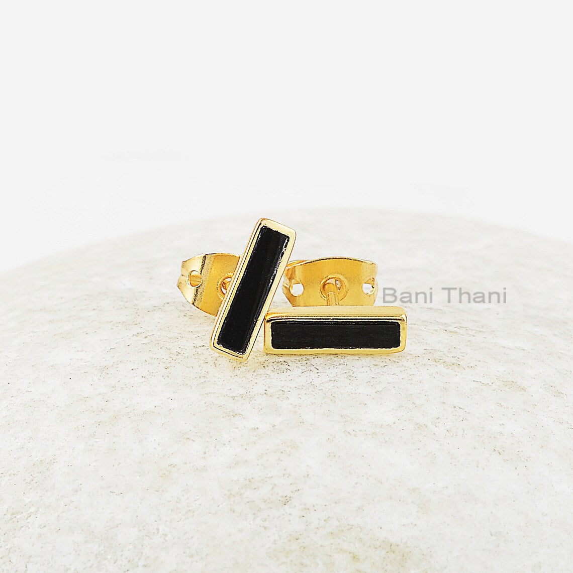 Elegant Black Onyx 2x8mm Rectangle Gemstone Studs Earrings, Gold Micron Sterling Silver Bezel Set Studs Earring Jewelry, Best Gift For Women