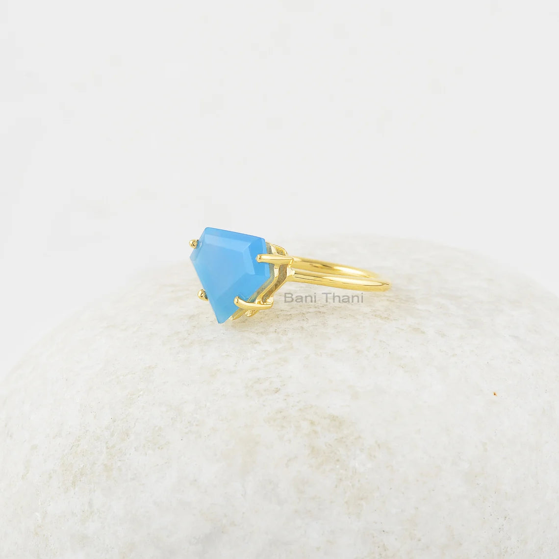 Beautiful Chalcedony Ring, Blue Chalcedony 11x13mm Diamond Shape Gemstone Silver Ring, Gold Plated Prong Set Ring, Silver Ring Jewelry Gift