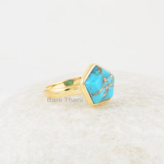 Elegant Turquoise Ring, Blue Copper Turquoise 11x11mm Star Shape Gemstone Ring, Bezel Set Gold Plated Sterling Silver Ring, Gift For Mom