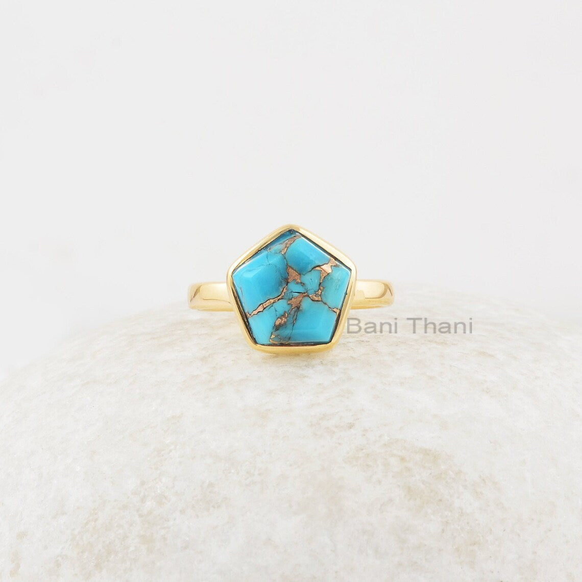 Elegant Turquoise Ring, Blue Copper Turquoise 11x11mm Star Shape Gemstone Ring, Bezel Set Gold Plated Sterling Silver Ring, Gift For Mom