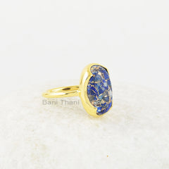 Copper Lapis Lazuli Gemstone Ring - Gold Plated - 10x16mm Oval - Solid Silver - Handcrafted Ring - Fashion Jewelry - Gift for The Traveler