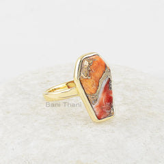 Oyster Copper Ring, Mohave Oyster 10x17 mm Coffin Shape Gemstone Ring, Gold Plated Silver Bezel Set Ring, Handmade Gemstone Ring For Mother
