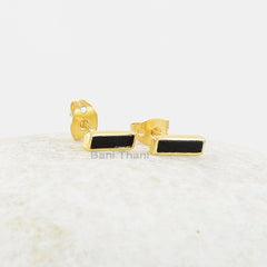 Elegant Black Onyx 2x8mm Rectangle Gemstone Studs Earrings, Gold Micron Sterling Silver Bezel Set Studs Earring Jewelry, Best Gift For Women