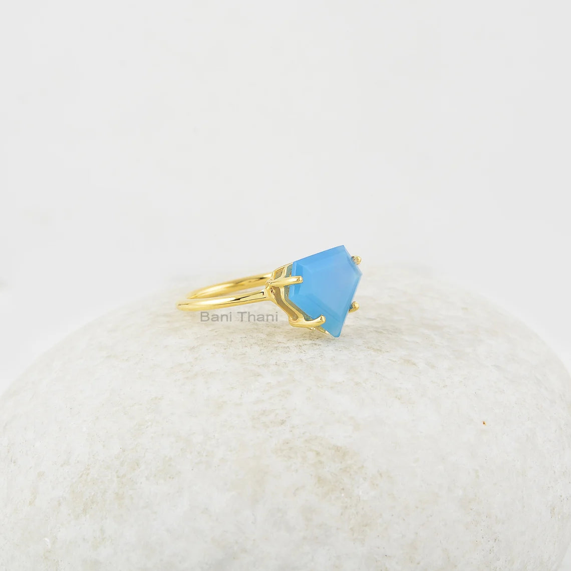 Beautiful Chalcedony Ring, Blue Chalcedony 11x13mm Diamond Shape Gemstone Silver Ring, Gold Plated Prong Set Ring, Silver Ring Jewelry Gift