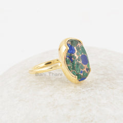 Azurite Copper Ring - Azurite Copper 10x16mm Oval Ring - Gemstone Ring - 925 Solid Silver - Gold Plated Ring - Bezel Ring - Gift For Mom