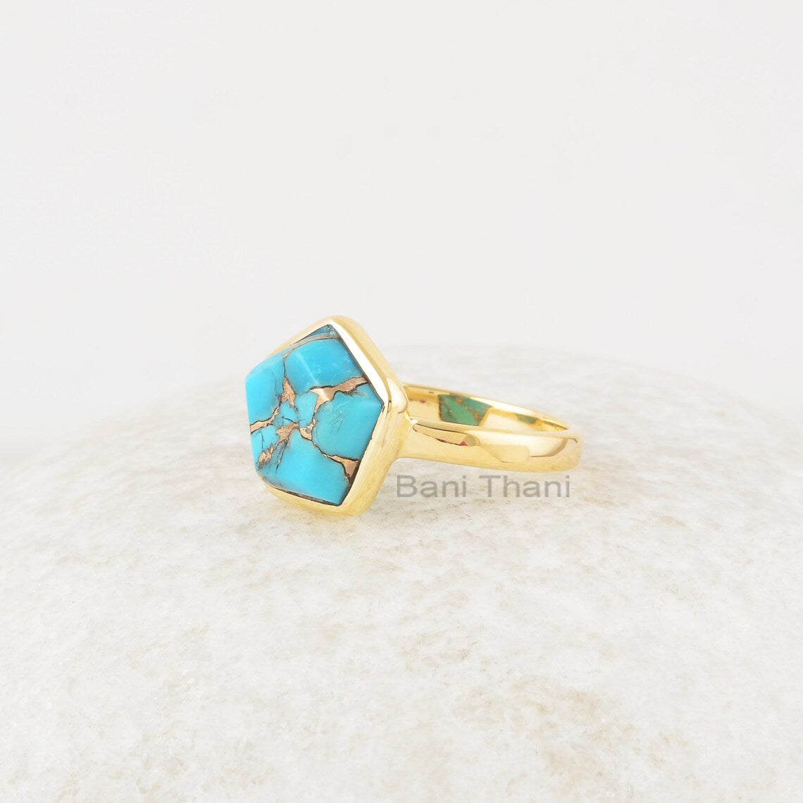 Elegant Turquoise Ring, Blue Copper Turquoise 11x11mm Star Shape Gemstone Ring, Bezel Set Gold Plated Sterling Silver Ring, Gift For Mom