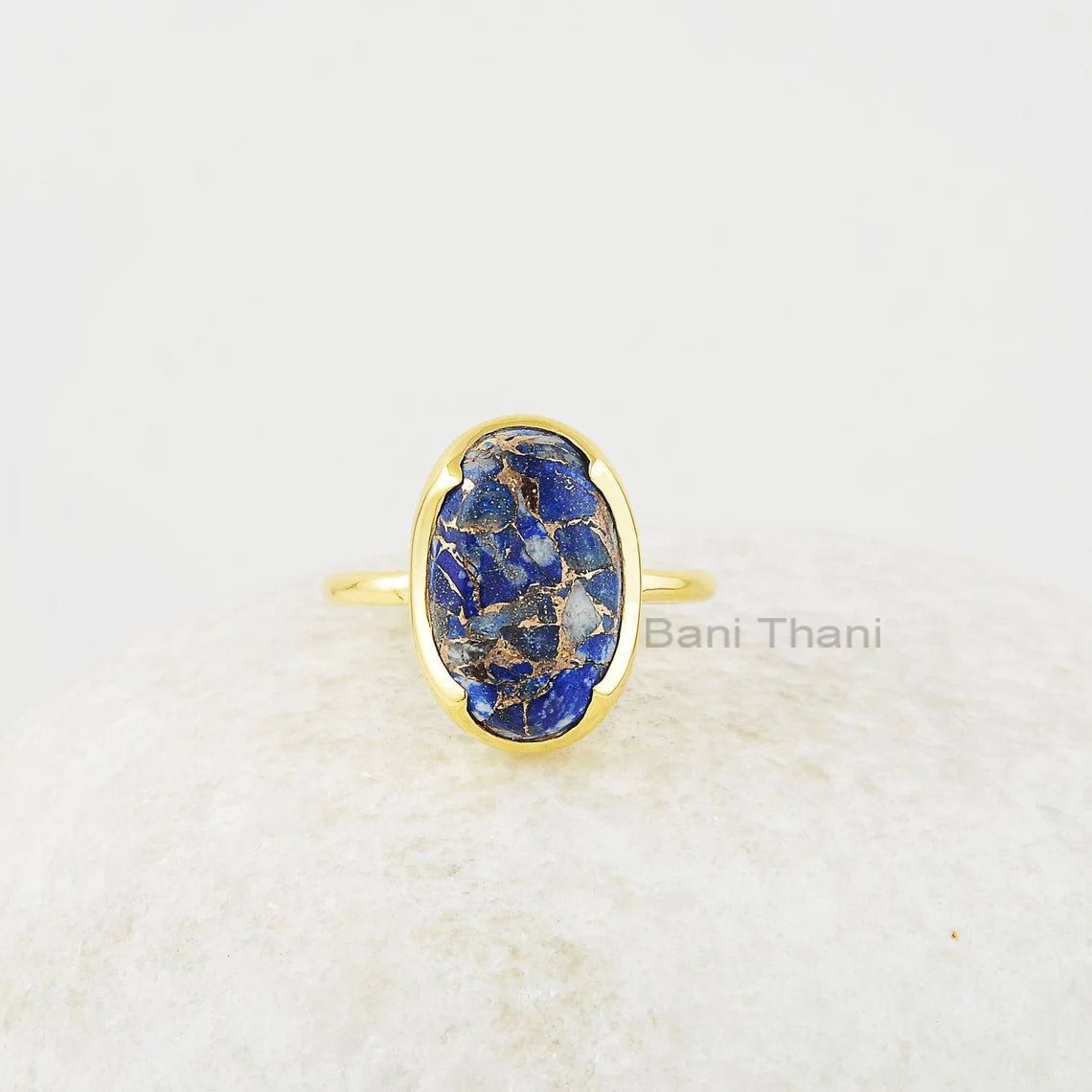 Copper Lapis Lazuli Gemstone Ring - Gold Plated - 10x16mm Oval - Solid Silver - Handcrafted Ring - Fashion Jewelry - Gift for The Traveler