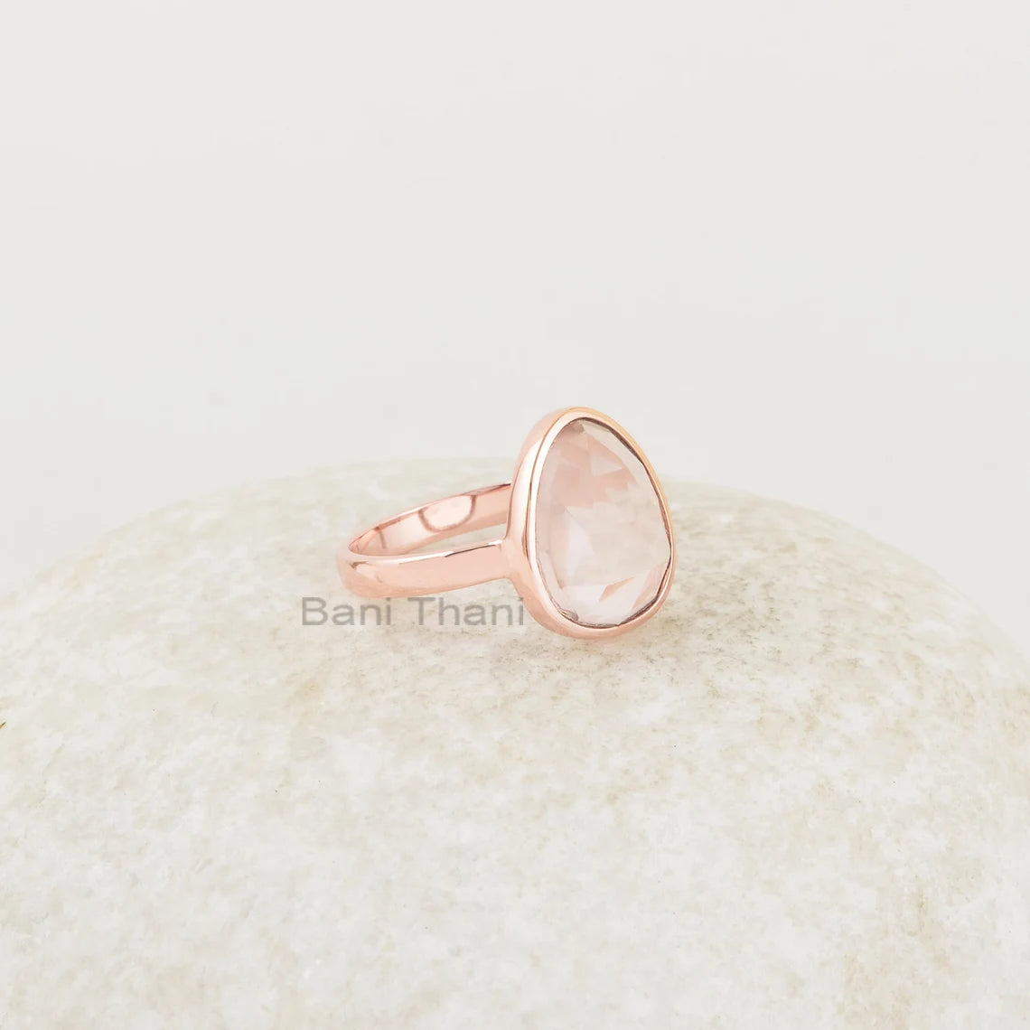 Morganite 12x14mm Nugget Shape Rose Gold Plated Gemstone Ring, Hand Crafted Silver Bezel Set Ring, Beautiful Gemstone Jewelry For Wife