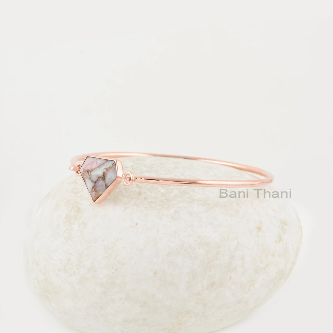 Pink Opal Copper Bangle - 925 Silver - Rose Gold Plated Bracelet - 13x16mm Diamond - Custom Jewelry - Gift For Lady - Jewelry For Graduation