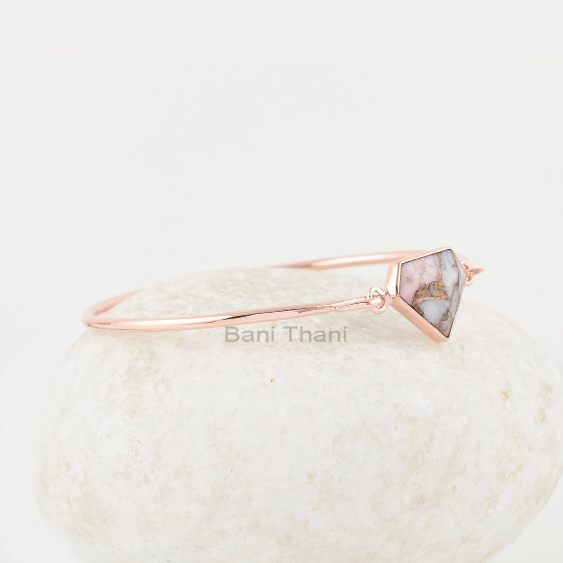 Pink Opal Copper Bangle - 925 Silver - Rose Gold Plated Bracelet - 13x16mm Diamond - Custom Jewelry - Gift For Lady - Jewelry For Graduation