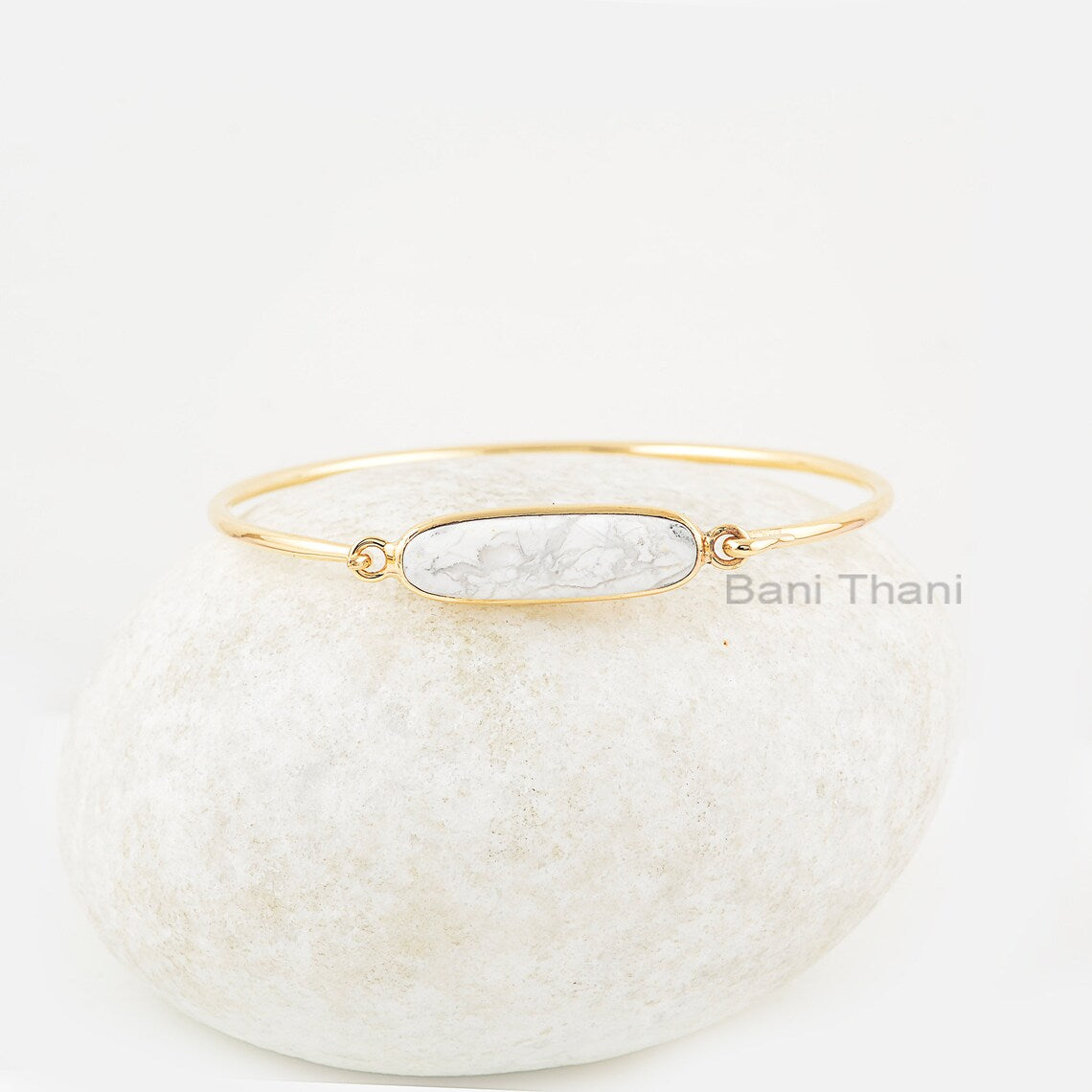 White Howlite Bracelet 7x25mm Oval Shape Silver Gemstone Bangle, Natural White Howlite Gemstone Gold Plated Bracelet, Gift For Valentine Day