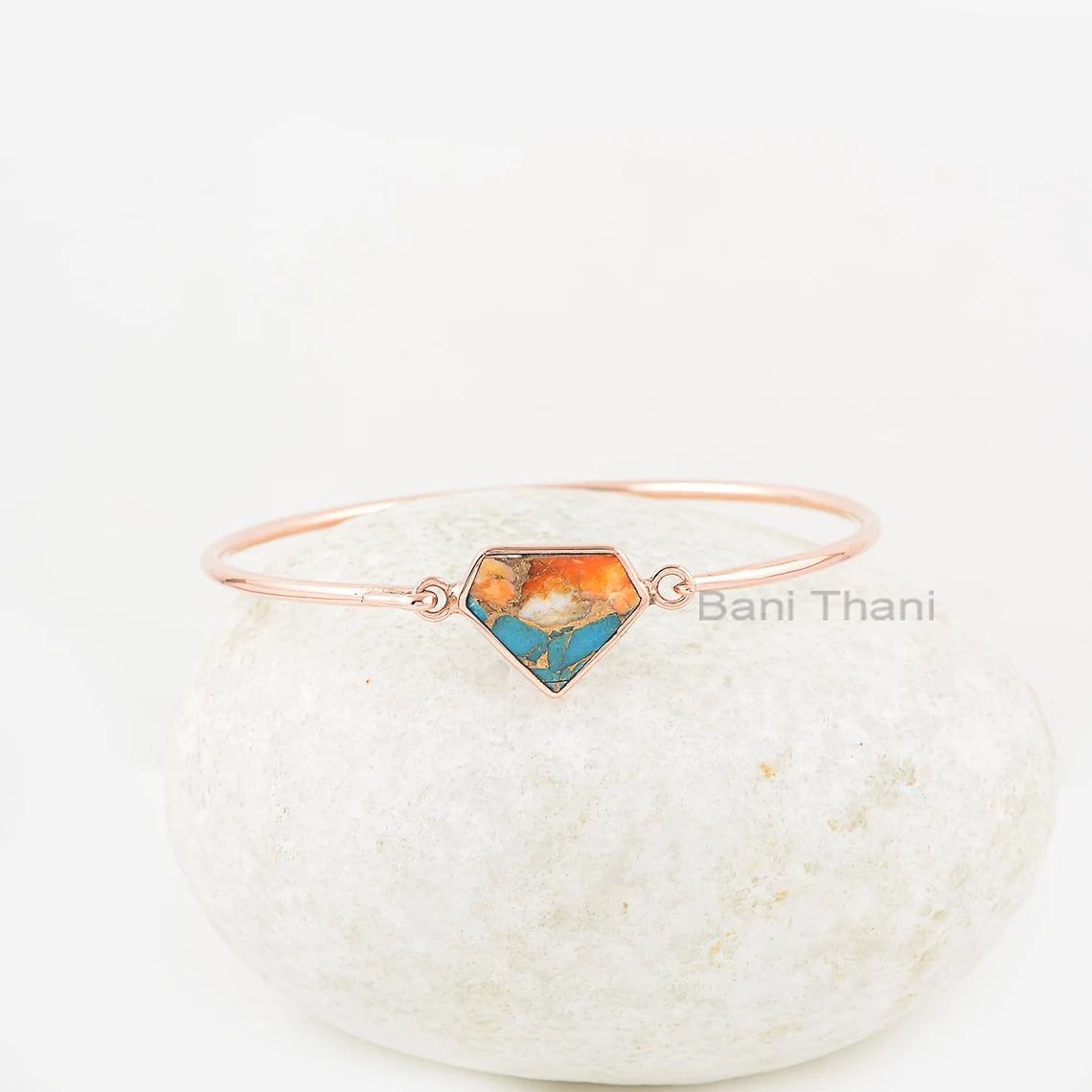 Oyster Copper Turquoise Bracelet, Oyster Turquoise 13x16mm Diamond Shape Rose Gold Gemstone Bangles, Silver Bangles Gift For Valentines Day