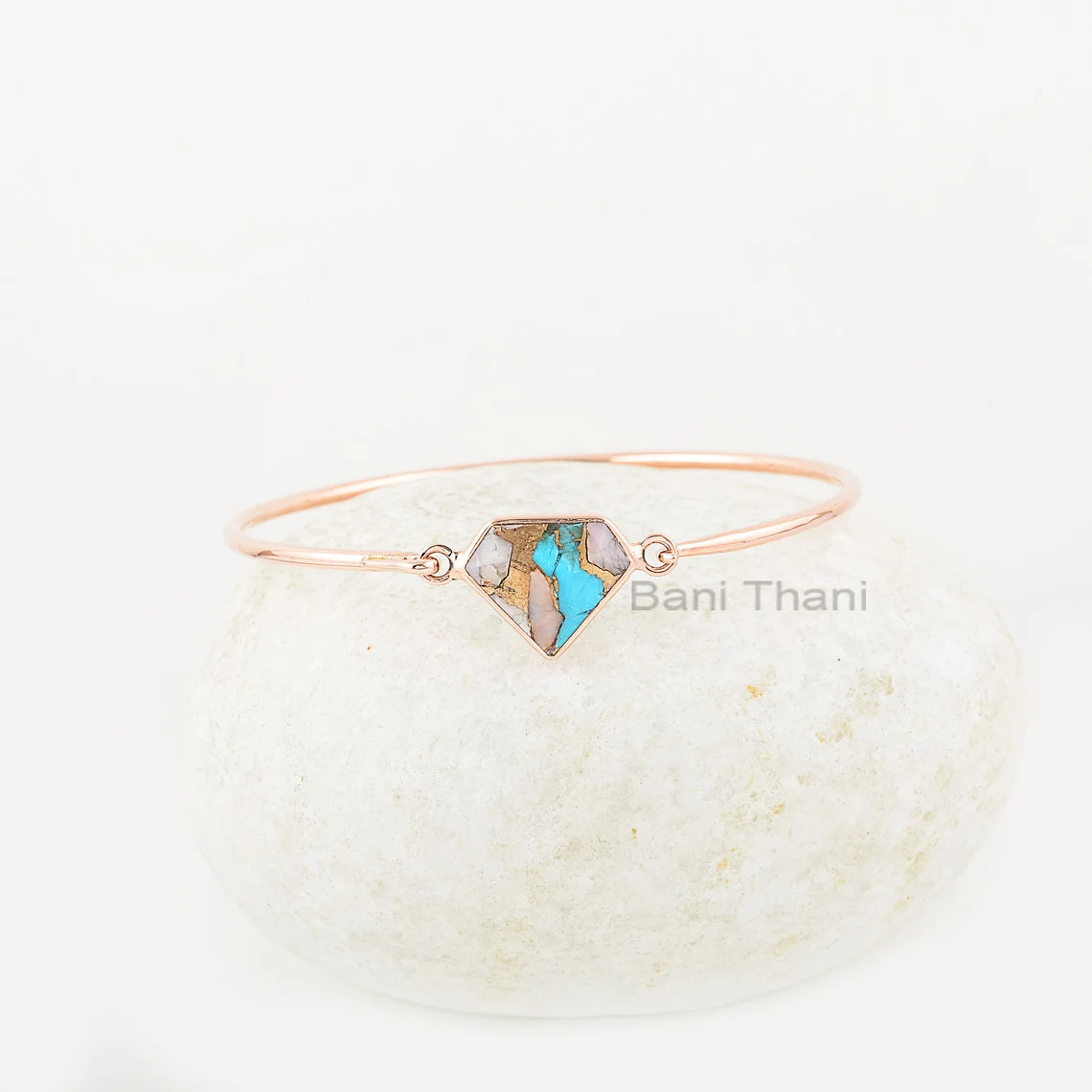 Pink Opal Turquoise Bracelet - Solid Silver - Gemstone Bangle - 13x16mm Diamond - Healing Jewelry - Gift For Healing - Jewelry for Date