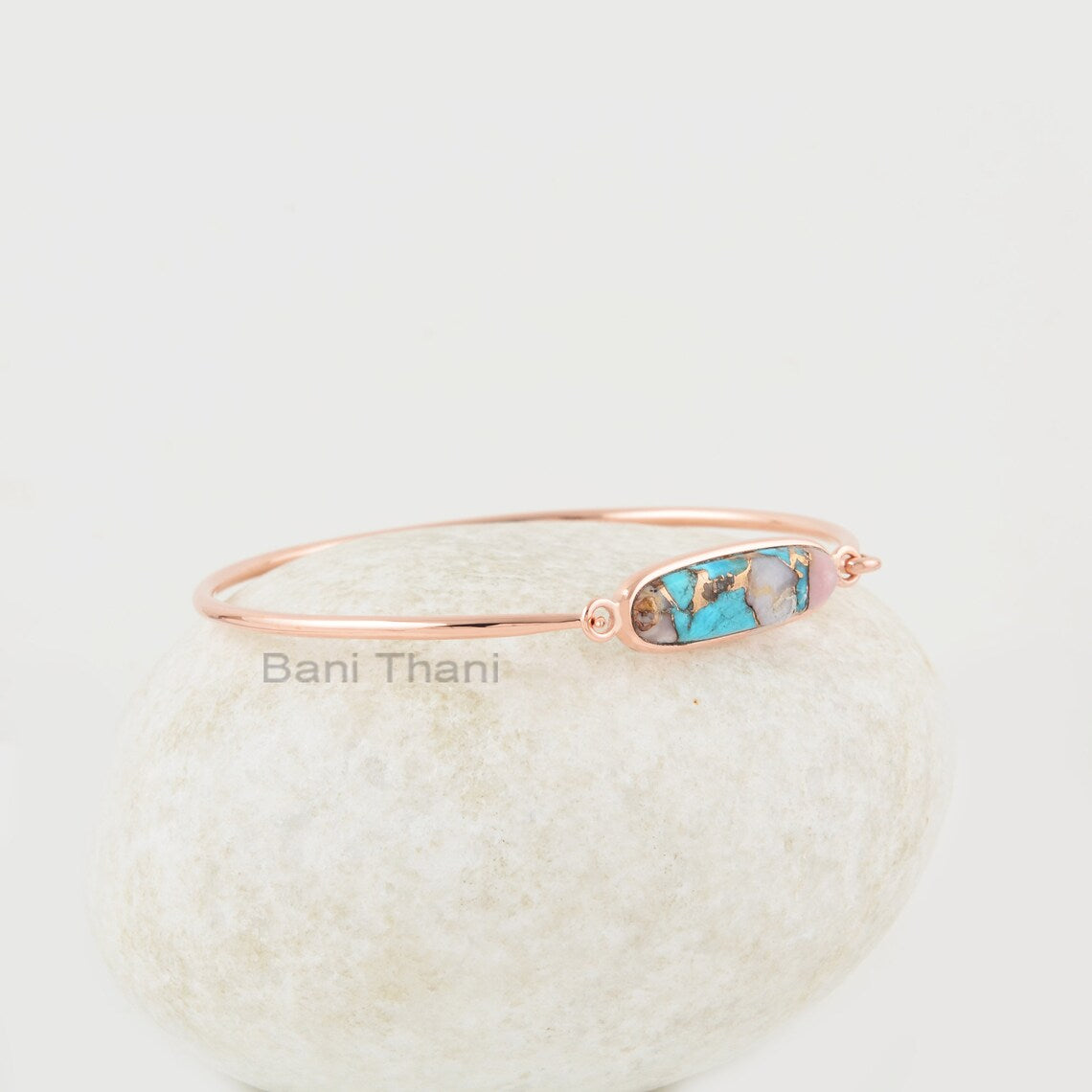 Turquoise Pink Opal Bangle - 925 Sterling Silver - Rose Gold Plated Bracelet - 9x18mm Hexagon- Gift For Girls - Jewelry for Date