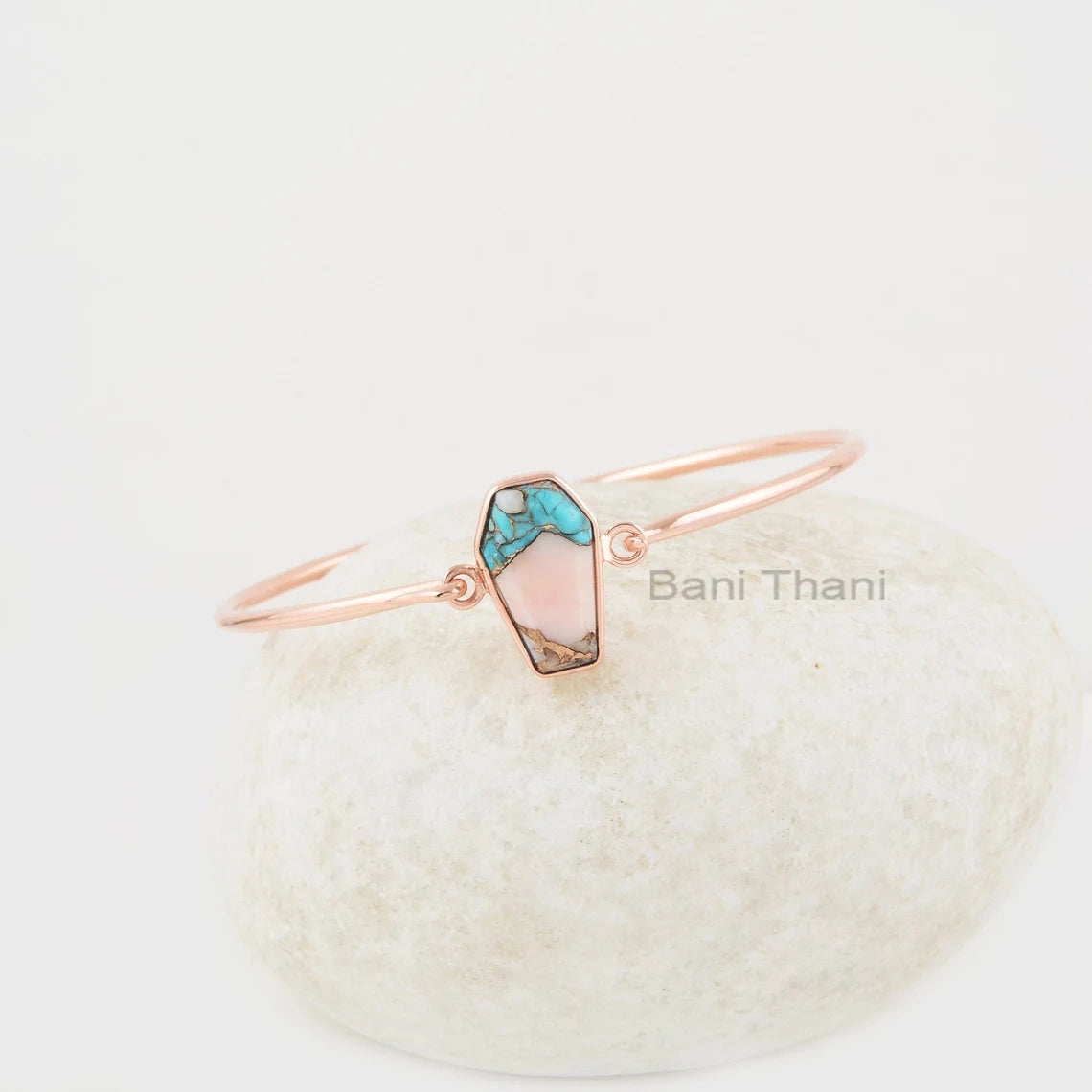 Pink Opal Turquoise Bangle - Gold Plated Bracelet - 925 Silver - 10x17mm Coffin - Fashion Jewelry - Jewelry For Prom - Gift For Bridesmaid