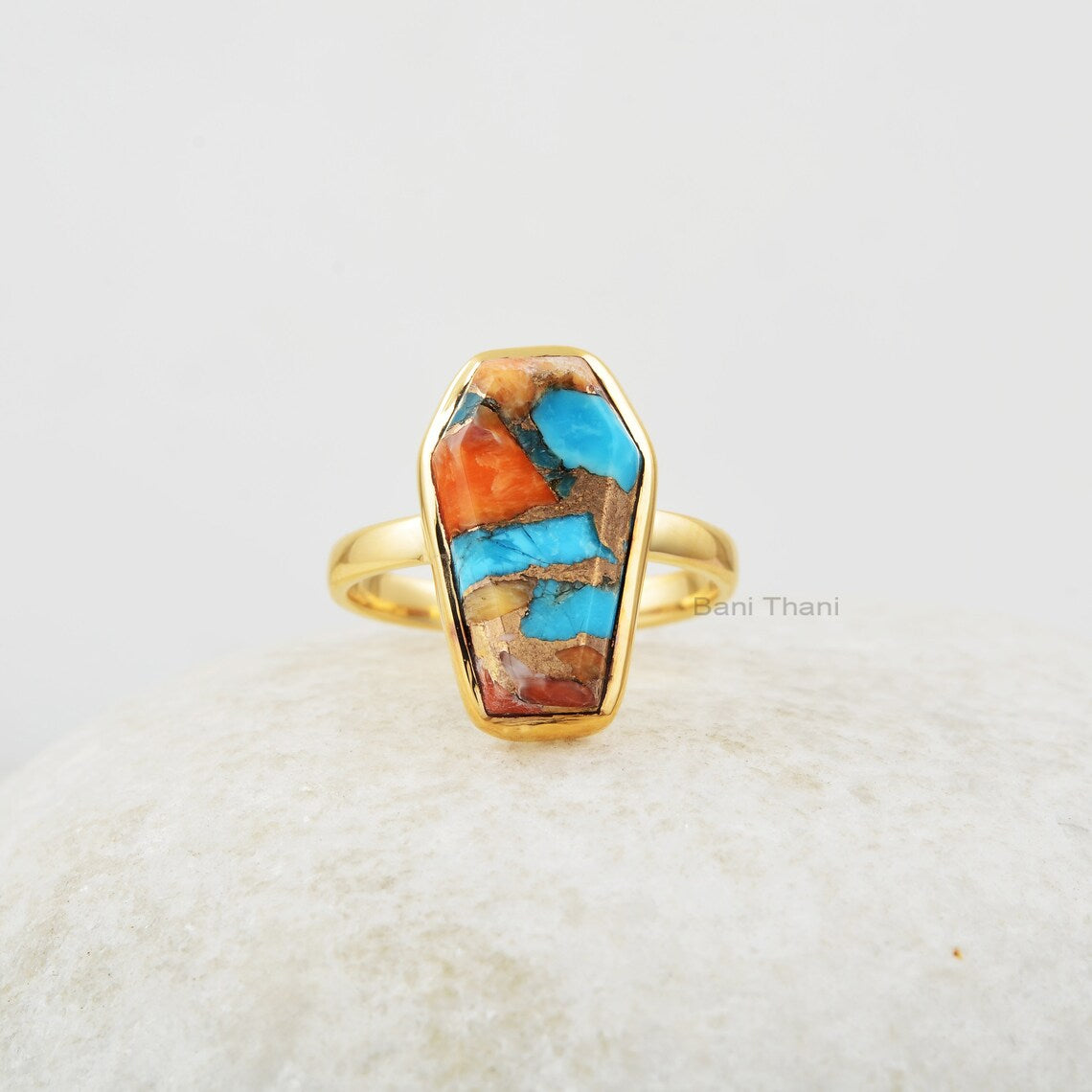 Coffin Ring, Oyster Copper Turquoise 10x17mm Coffin Shape Gemstone Silver Ring, Oyster Copper Bezel Set Gold Plated Ring, Ring For Women