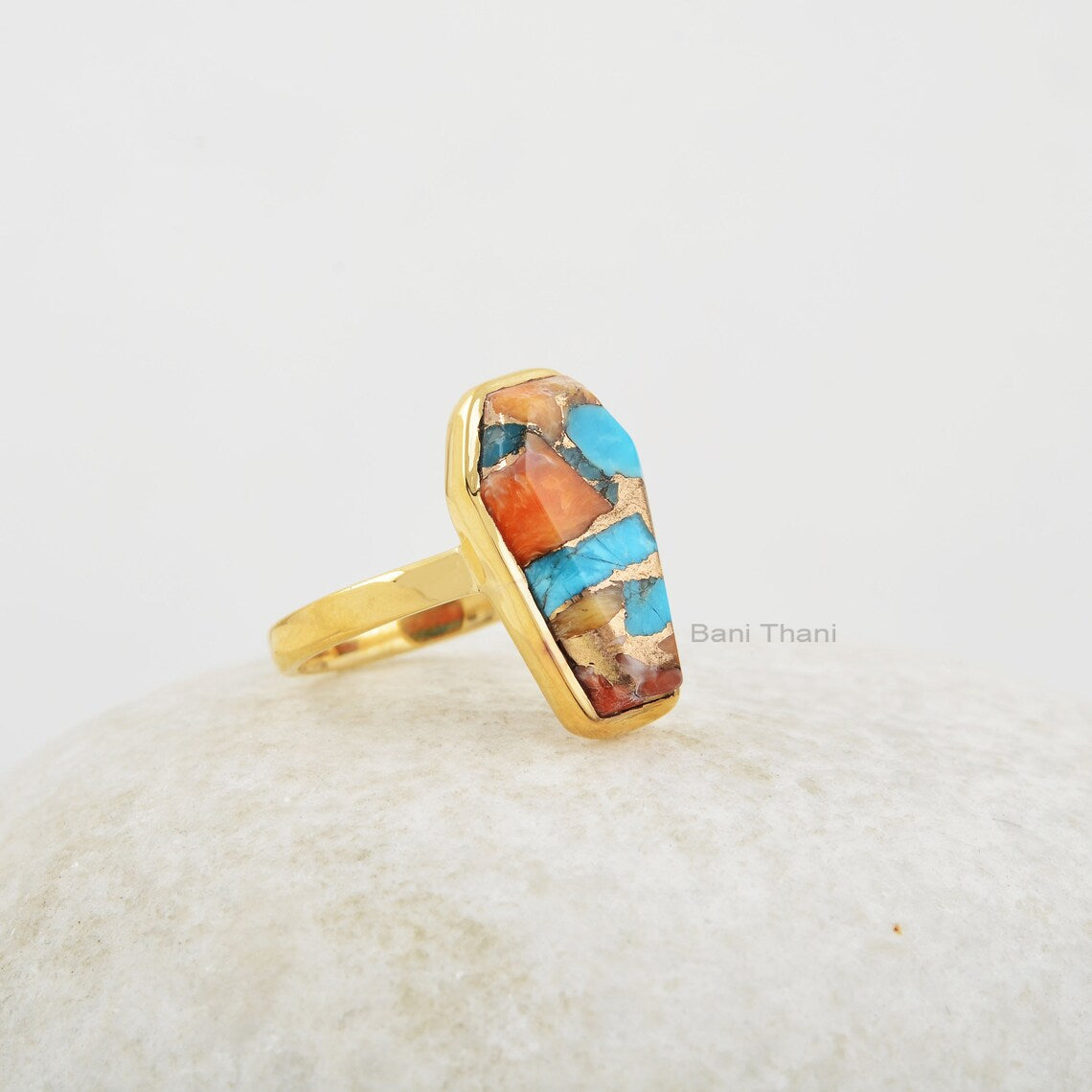 Coffin Ring, Oyster Copper Turquoise 10x17mm Coffin Shape Gemstone Silver Ring, Oyster Copper Bezel Set Gold Plated Ring, Ring For Women