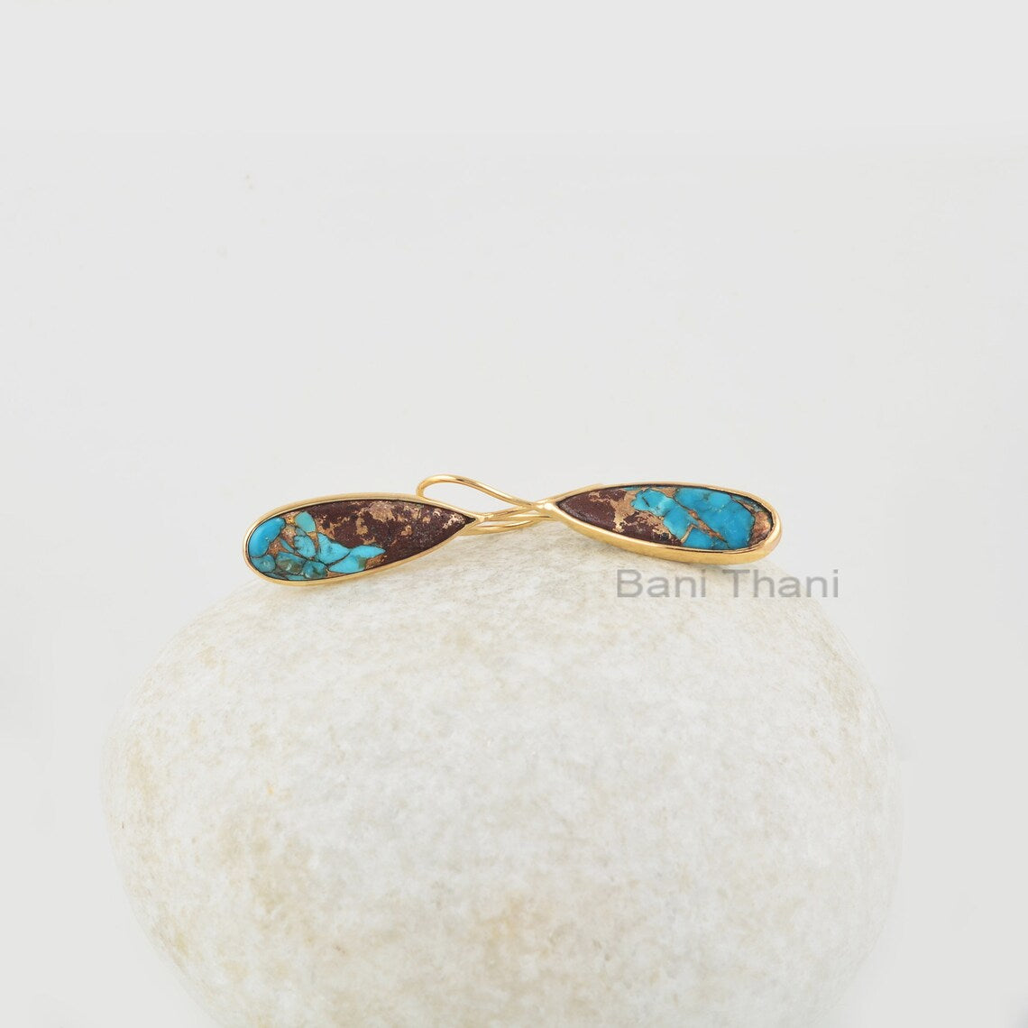 Turquoise Earrings, Lava Copper Turquoise 8x25mm Pear Shape Gemstone Silver Earrings, Gold Micron Bezel Set Long Drop Earrings For Girls