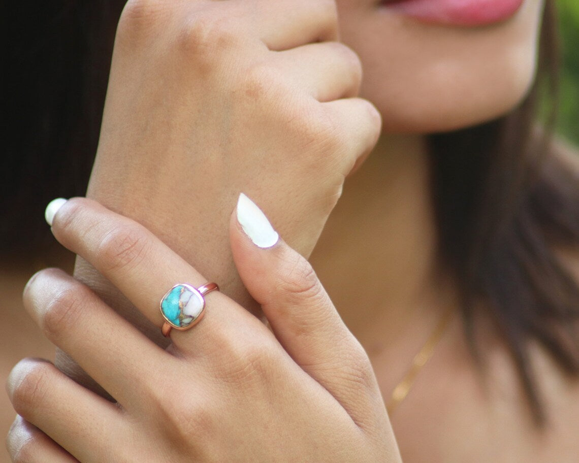 Turquoise Ring - 925 Silver - Pink Opal Copper Turquoise - Cushion Ring - Rose Gold Plated Ring- Sterling Silver Ring, Mojave Turquoise Ring