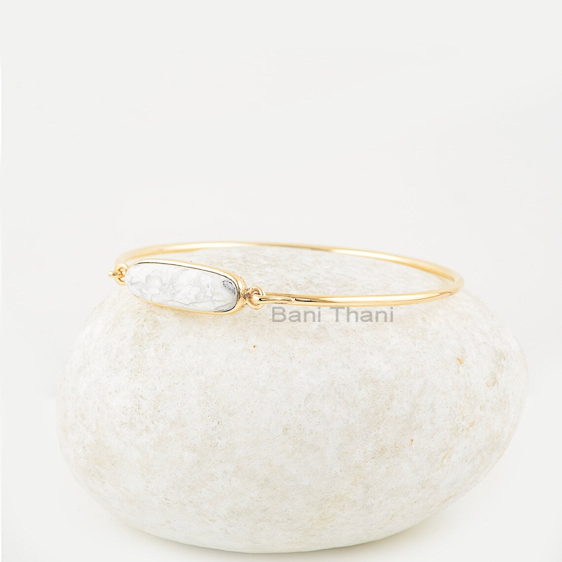 White Howlite Bracelet 7x25mm Oval Shape Silver Gemstone Bangle, Natural White Howlite Gemstone Gold Plated Bracelet, Gift For Valentine Day