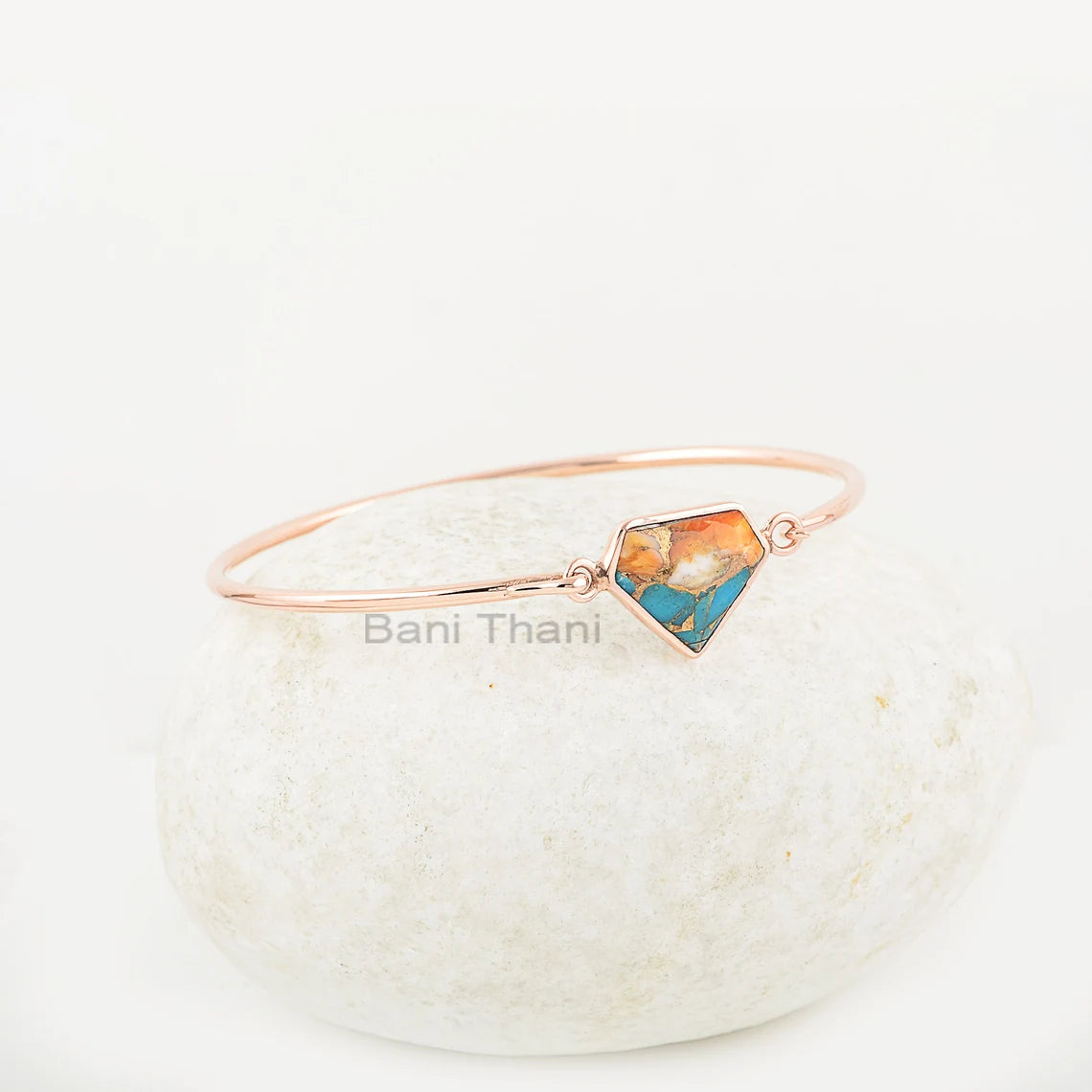 Oyster Copper Turquoise Bracelet, Oyster Turquoise 13x16mm Diamond Shape Rose Gold Gemstone Bangles, Silver Bangles Gift For Valentines Day