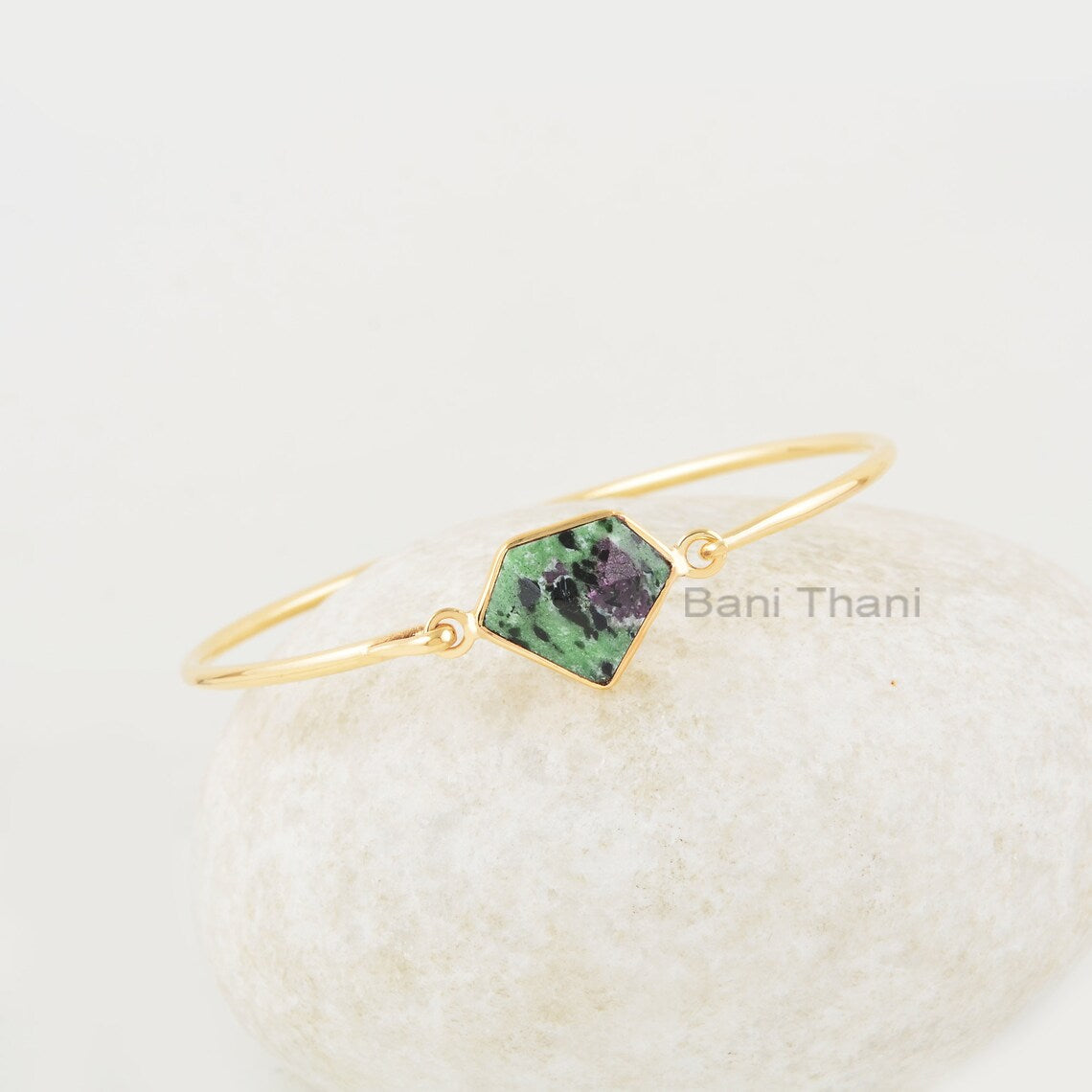 Ruby Zoisite Bracelet, Ruby Zoisite 13x16mm Diamond Shape Gemstone Silver Bangle, Multi-Color Gemstone Gold Plated Bangle, Anniversary Gift