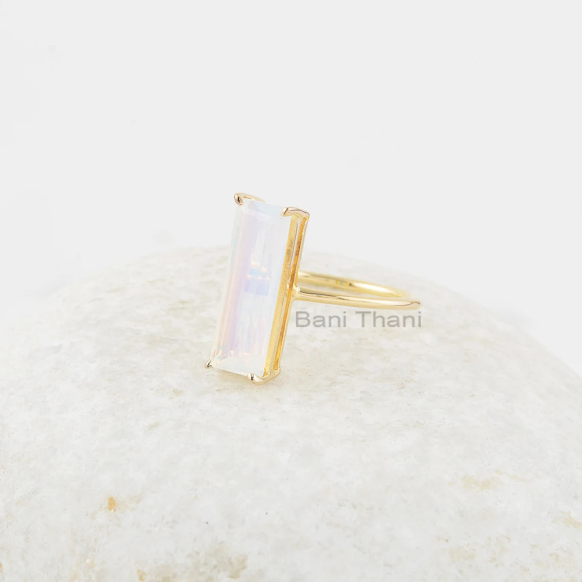 Opalite Quartz 6x18mm Rectangle Shape Ring, Gold Micron Stylish Prong Set Silver Ring, Blue Fire Gemstone Ring