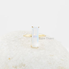 Opalite Quartz 6x18mm Rectangle Shape Ring, Gold Micron Stylish Prong Set Silver Ring, Blue Fire Gemstone Ring