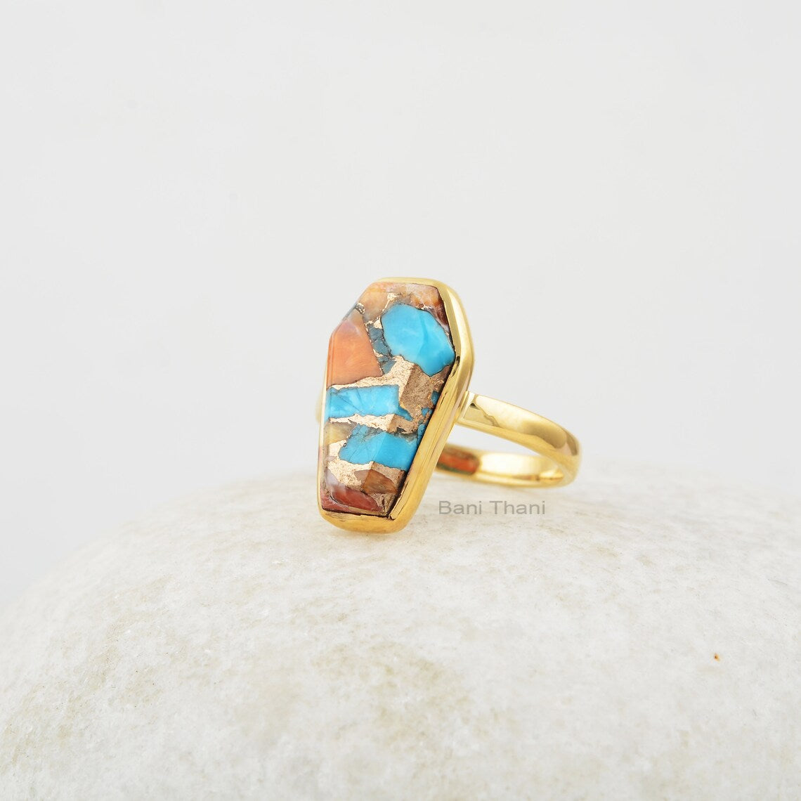 Coffin Ring, Oyster Copper Turquoise 10x17mm Coffin Shape Gemstone Silver Ring, Oyster Copper Bezel Set Gold Plated Ring, Ring For Women