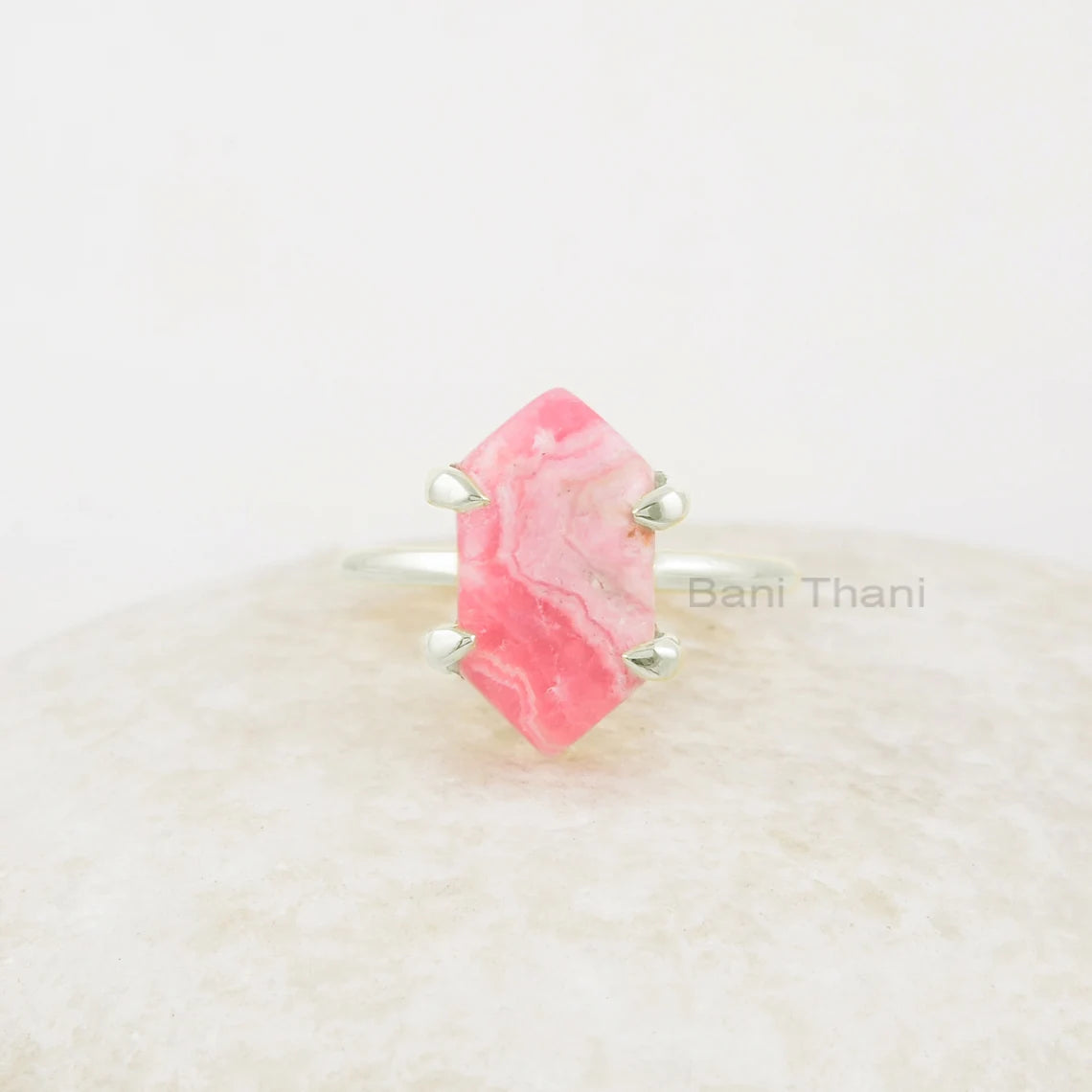 Rhodochrosite Ring - Pure Silver - Handmade Ring - 8x15mm Hexagon Gemstone- Artisan Jewelry - Jewelry for Young Mom - Gift for Sister In Law