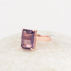 Amethyst Quartz Ring, Amethyst Quartz 8x12mm Rectangle Shape Gemstone, Rose Gold Plated Prong Set Ring, 925 Sterling Silver Ring For Gift